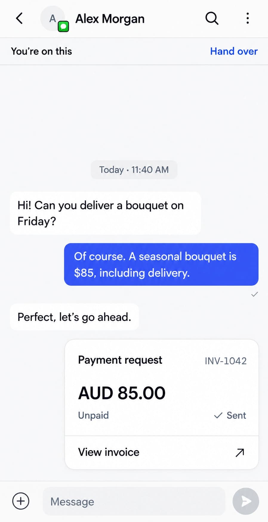 Styled team inbox preview on iPhone: a customer agrees to an $85 bouquet, followed by an unpaid payment request in the same SMS conversation
